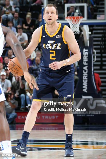 Joe Ingles of the Utah Jazz handles the ball against the Dallas Mavericks on October 30, 2017 at Vivint Smart Home Arena in Salt Lake City, Utah....