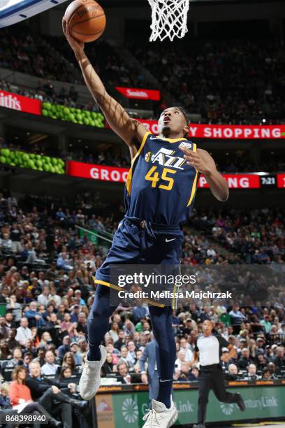 Donovan Mitchell of the Utah Jazz drives to the basket against the Dallas Mavericks on October 30, 2017 at Vivint Smart Home Arena in Salt Lake City,...