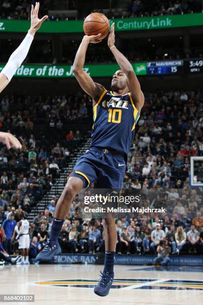 Alec Burks of the Utah Jazz shoots the ball against the Dallas Mavericks on October 30, 2017 at Vivint Smart Home Arena in Salt Lake City, Utah. NOTE...