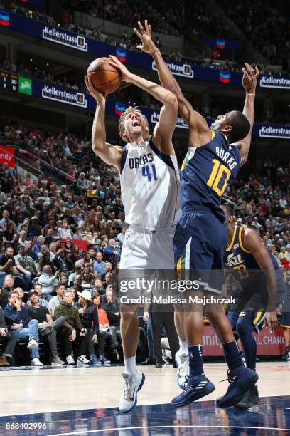 Dirk Nowitzki of the Dallas Mavericks handles the ball against the Utah Jazz on October 30, 2017 at Vivint Smart Home Arena in Salt Lake City, Utah....