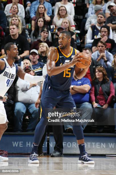 Derrick Favors of the Utah Jazz handles the ball against the Dallas Mavericks on October 30, 2017 at Vivint Smart Home Arena in Salt Lake City, Utah....