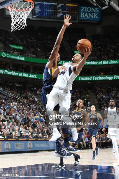 Devin Harris of the Dallas Mavericks drives to the basket against the Utah Jazz on October 30, 2017 at Vivint Smart Home Arena in Salt Lake City,...