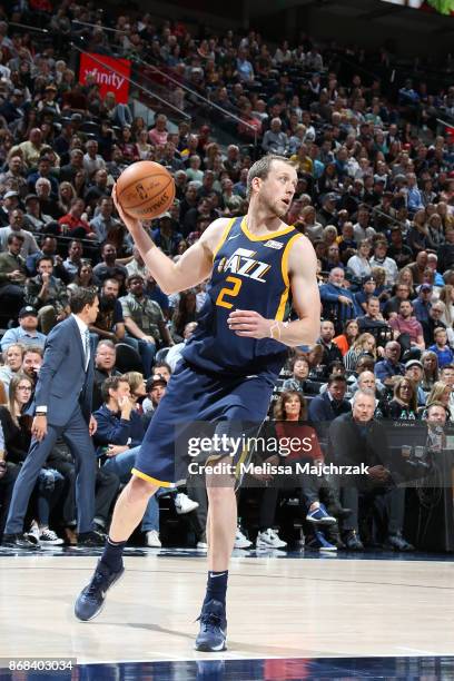 Joe Ingles of the Utah Jazz handles the ball against the Dallas Mavericks on October 30, 2017 at Vivint Smart Home Arena in Salt Lake City, Utah....