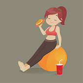 Young woman eating a piece of fast food, Women refuse to exercise, Vector illustration