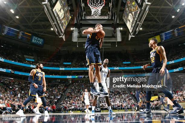 Rudy Gobert of the Utah Jazz handles the ball against the Dallas Mavericks on October 30, 2017 at Vivint Smart Home Arena in Salt Lake City, Utah....