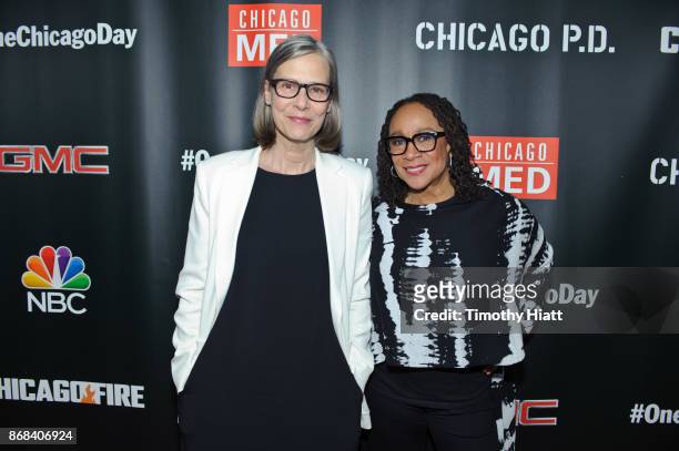 Amy Morton and S. Epatha Merkerson attend the One Chicago party during NBC's "One Chicago" press day on October 30, 2017 in Chicago, Illinois.