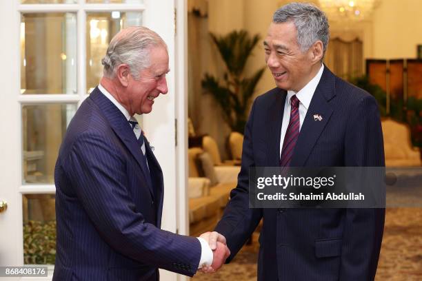 Prince Charles, Prince of Wales meets with Singapore Prime Minister, Lee Hsien Loong at the Istana on October 31, 2017 in Singapore.. Their Royal...