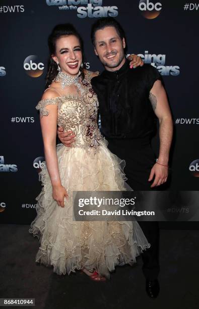 Personality Victoria Arlen and dancer Valentin Chmerkovskiy pose at "Dancing with the Stars" season 25 at CBS Televison City on October 30, 2017 in...