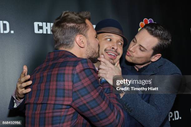 Patrick John Flueger, Joe Minoso, and Jesse Lee Foffer attend the One Chicago party during NBC's "One Chicago" press day on October 30, 2017 in...