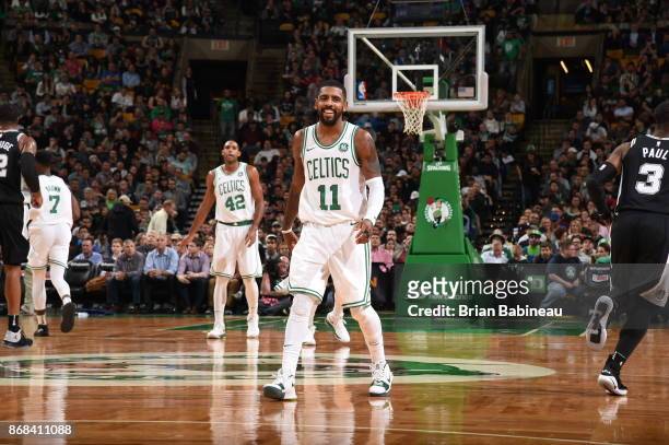 Kyrie Irving of the Boston Celtics reacts during the game against the San Antonio Spurs against the San Antonio Spurs on October 30, 2017 at the TD...
