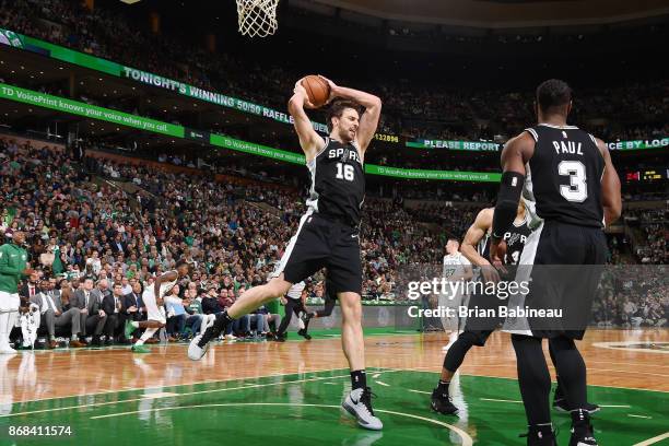 Pau Gasol of the San Antonio Spurs handles the ball against the Boston Celtics on October 30, 2017 at the TD Garden in Boston, Massachusetts. NOTE TO...