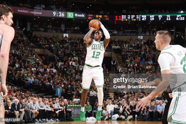 Terry Rozier of the Boston Celtics shoots the ball against the San Antonio Spurs on October 30, 2017 at the TD Garden in Boston, Massachusetts. NOTE...