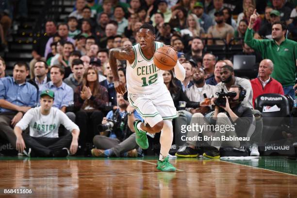 Terry Rozier of the Boston Celtics handles the ball against the San Antonio Spurs on October 30, 2017 at the TD Garden in Boston, Massachusetts. NOTE...