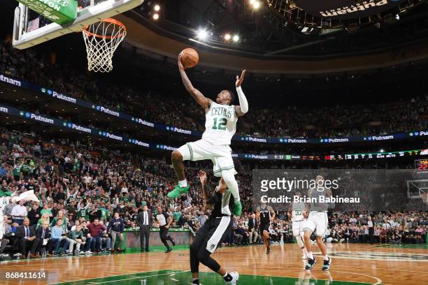 Terry Rozier of the Boston Celtics drives to the basket against the San Antonio Spurs on October 30, 2017 at the TD Garden in Boston, Massachusetts....