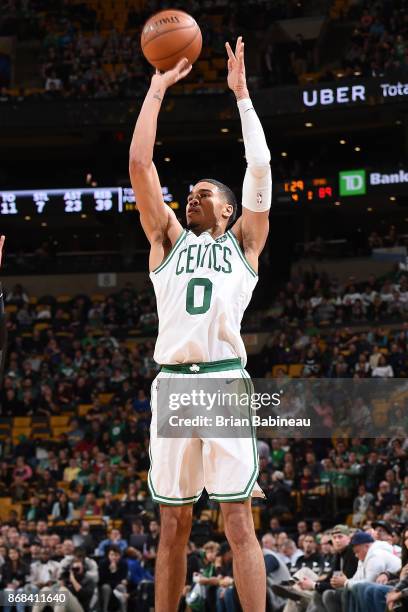 Jayson Tatum of the Boston Celtics handles the ball against the San Antonio Spurs on October 30, 2017 at the TD Garden in Boston, Massachusetts. NOTE...