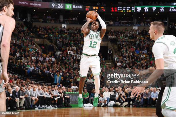 Terry Rozier of the Boston Celtics shoots the ball against the San Antonio Spurs on October 30, 2017 at the TD Garden in Boston, Massachusetts. NOTE...