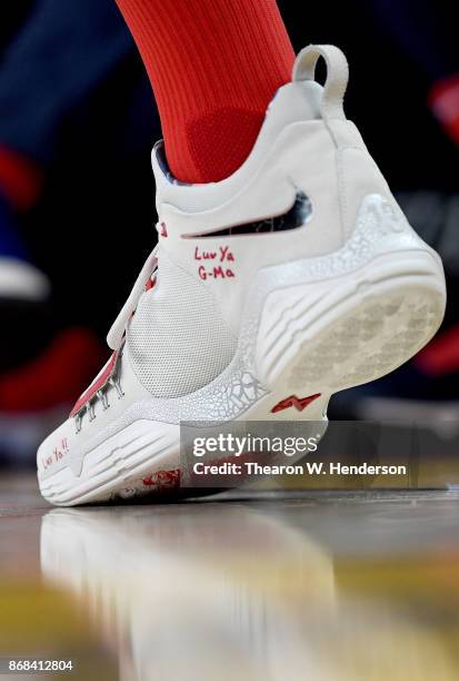 Detailed view of the Nike PG1 basketball shoes worn by John Wall of the Washington Wizards against the Golden State Warriors during their NBA...