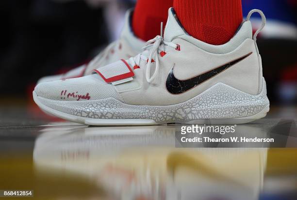 Detailed view of the Nike PG1 basketball shoes worn by John Wall of the Washington Wizards against the Golden State Warriors during their NBA...