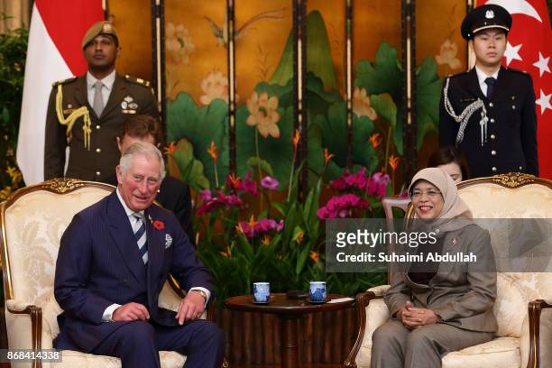 Prince Charles, Prince of Wales meets with Singapore President, Halimah Yacob at the Istana on October 31, 2017 in Singapore. Their Royal Highnesses,...