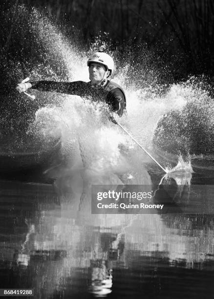 Australian mogul skier Matt Graham lands in the water whilst practising his jumps during an Australian Ski Jump training session on October 31, 2017...