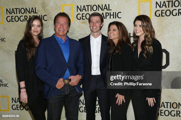 Christina Schwarzenegger, Arnold Schwarzenegger, Patrick Schwarzenegger, Maria Shriver and Katherine Schwarzenegger attend the premiere of National...