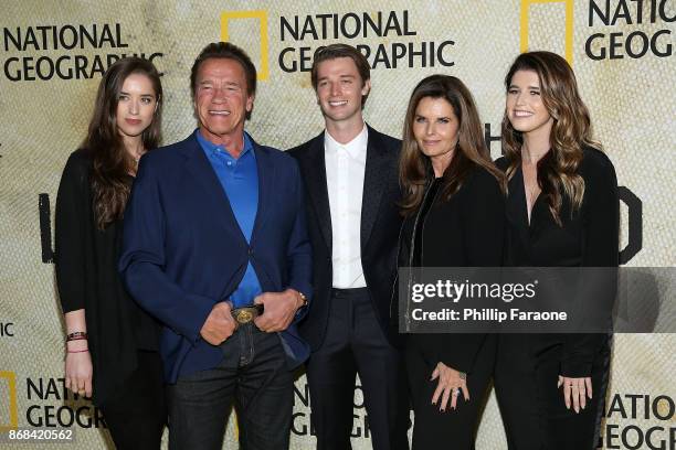 Christina Schwarzenegger, Arnold Schwarzenegger, Patrick Schwarzenegger, Maria Shriver and Katherine Schwarzenegger attend the premiere of National...