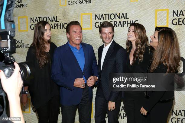 Christina Schwarzenegger, Arnold Schwarzenegger, Patrick Schwarzenegger, Maria Shriver and Katherine Schwarzenegger attend the premiere of National...