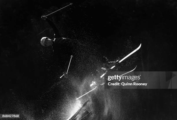 Australian mogul skier Matt Graham goes off the water jump during an Australian Ski Jump training session on October 31, 2017 in Melbourne, Australia.