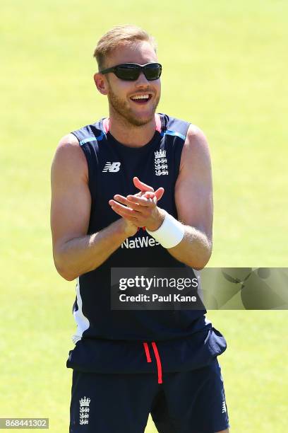 Stuart Broad of England looks on during an England training session at the WACA on October 31, 2017 in Perth, Australia. England are in Perth ahead...