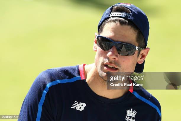Alistair Cook of England looks on while walking from the field following an England training session at the WACA on October 31, 2017 in Perth,...