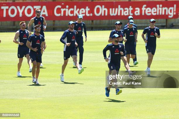 Players warm up during an England training session at the WACA on October 31, 2017 in Perth, Australia. England are in Perth ahead of their opening...