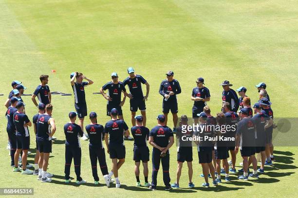 Trevor Bayliss, head coach of England addresses the team during an England training session at the WACA on October 31, 2017 in Perth, Australia....