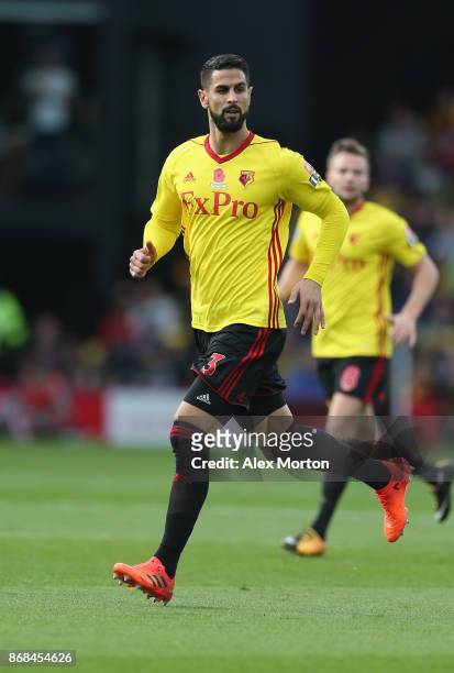 Miguel Britos of Watford during the Premier League match between Watford and Stoke City at Vicarage Road on October 28, 2017 in Watford, England.