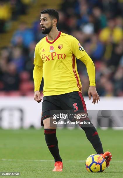 Miguel Britos of Watford during the Premier League match between Watford and Stoke City at Vicarage Road on October 28, 2017 in Watford, England.