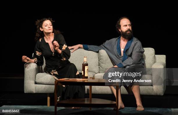 Michelle Gomez and Brett Gelman perform during 24 Hour Plays on Broadway at American Airlines Theatre on October 30, 2017 in New York City.