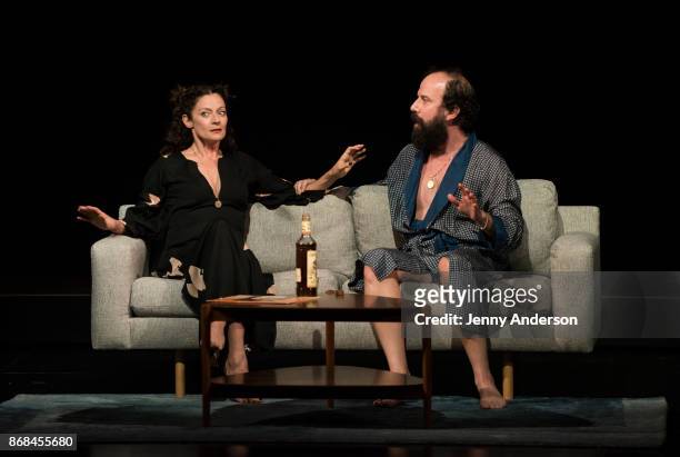 Michelle Gomez and Brett Gelman perform during 24 Hour Plays on Broadway at American Airlines Theatre on October 30, 2017 in New York City.