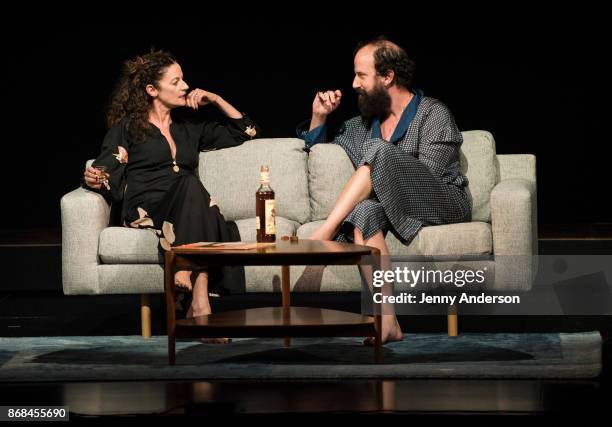 Michelle Gomez and Brett Gelman perform during 24 Hour Plays on Broadway at American Airlines Theatre on October 30, 2017 in New York City.