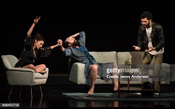 Michelle Gomez, Brett Gelman and Justice Smith perform during 24 Hour Plays on Broadway at American Airlines Theatre on October 30, 2017 in New York...