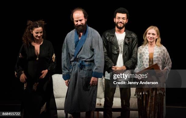 Michelle Gomez, Brett Gelman, Justice Smith and Tavi Gevinson perform during 24 Hour Plays on Broadway at American Airlines Theatre on October 30,...