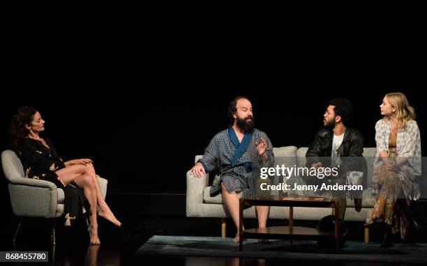 Michelle Gomez, Brett Gelman, Justice Smith and Tavi Gevinson perform during 24 Hour Plays on Broadway at American Airlines Theatre on October 30,...