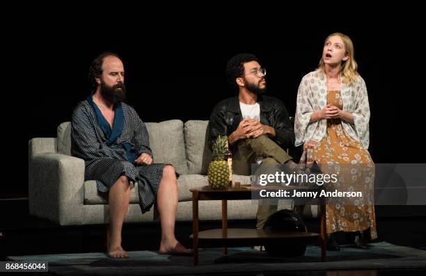 Brett Gelman, Justice Smith and Tavi Gevinson perform during 24 Hour Plays on Broadway at American Airlines Theatre on October 30, 2017 in New York...