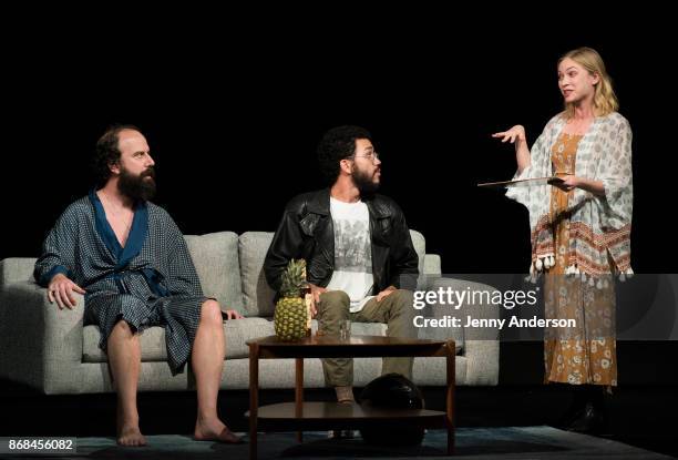 Brett Gelman, Justice Smith and Tavi Gevinson perform during 24 Hour Plays on Broadway at American Airlines Theatre on October 30, 2017 in New York...