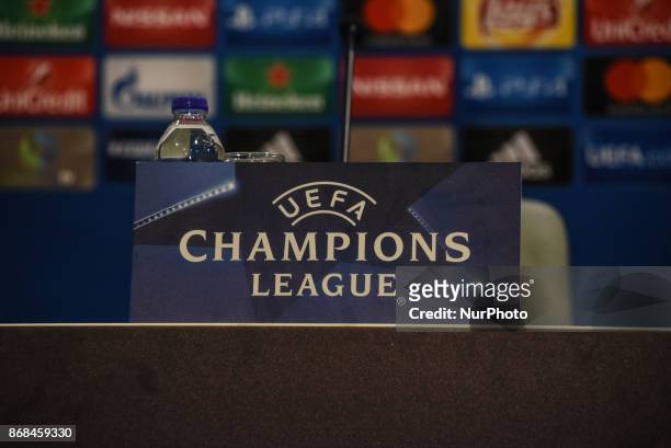 Logo of UEFA before the training and Press Conference of FC Barcelona in Piraeus for the UEFA Champions League match gainst Olympiakos Piraeus, in...