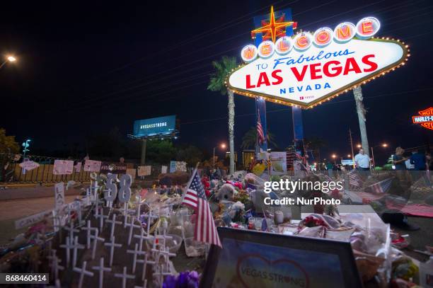 The area near The Fabulous Las Vegas Sign has become the memorial for the victims after the mass shooting in Las Vegas, Nevada, that took 58 lives,...