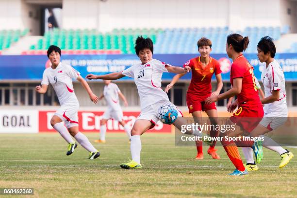 Ju Hyo Sim of DPR Korea in action during their AFC U-19 Women's Championship 2017 Group Stage A match between China and North Korea at Jiangning...