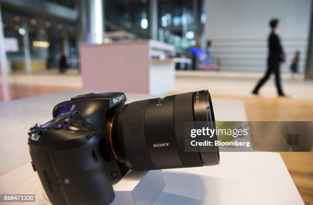 Sony Corp. Alpha series mirrorless digital camera is displayed at the company's headquarters in Tokyo, Japan, on Tuesday, Oct. 31, 2017. The...