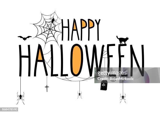 happy halloween lettering banner. handwritten text with hanging spiders and gravestone. vector illustration. - informationsgrafik stock illustrations