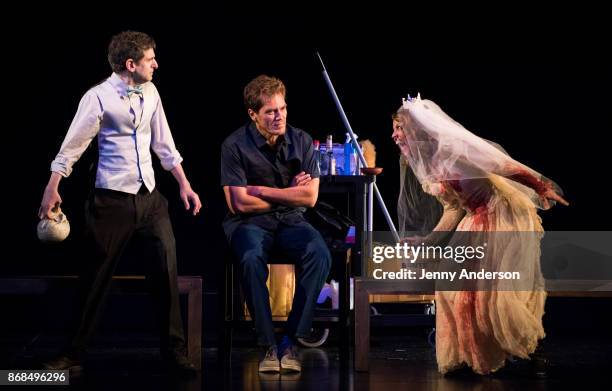 Jonathan Marc Sherman, Michael Shannon and Elizabeth Rodriguez perform during the 24 Hour Plays at American Airlines Theatre on October 30, 2017 in...