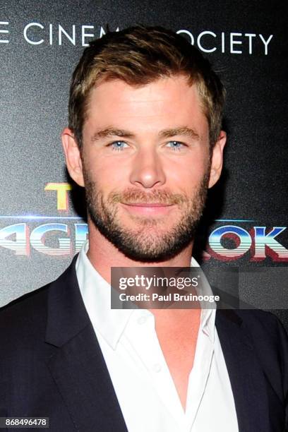 Chris Hemsworth attends The Cinema Society with FIJI Water, Men's Journal, and Synchrony host a screening of Marvel Studios' "Thor: Ragnarok" at the...