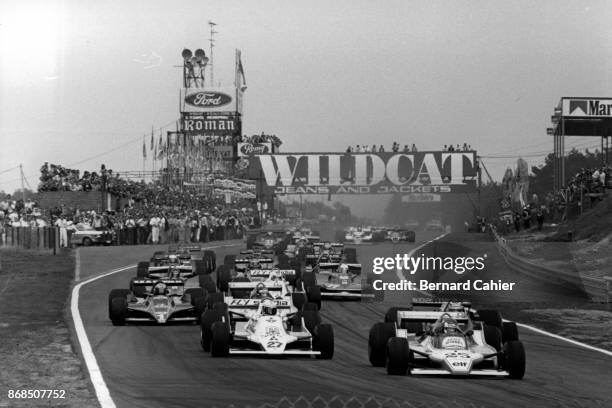 Patrick Depailler, Alan Jones, Ligier-Ford JS11, Williams-Ford FW07, Grand Prix of Belgium, Circuit Zolder, 13 May 1979. Patrick Depailler leads Alan...